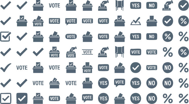 A comprehensive set of minimalist voting and election icons featuring ballot boxes, checkmarks, and polling station symbols for democratic processes.