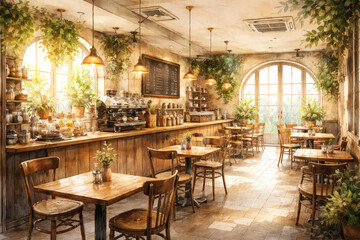 Fototapeta premium Cozy Rustic Coffee Shop Cafe Interior with Warm Bright Sunlight