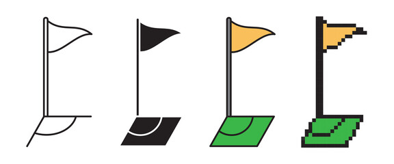 Vector set of football corner flag icons. Includes editable stroke line, solid silhouette, flat colored line, and pixel art versions. Professional sports graphics for interface and design. © Tetiana