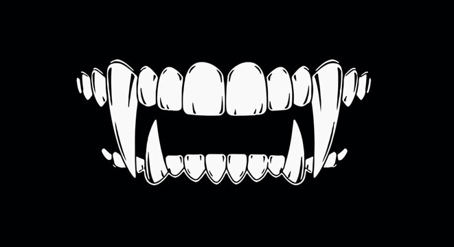 A dramatic chrome-effect illustration of sharp vampire fangs and monster teeth against a solid black background, perfect for horror and Halloween designs.