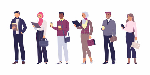 Obraz premium Diverse group of seven people in business casual attire vector illustration on white background