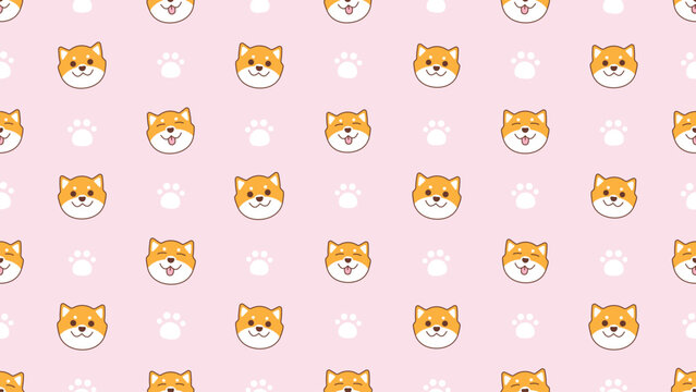 Soft pink background features cheerful cartoon Shiba Inus. Each dog has a friendly, smiling face with fluffy fur. White paw prints scatter across the design in playful patterns