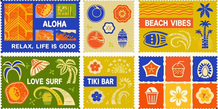 Retro inspired aloha beach stamps and tiki bar designs colorful vector illustration high quality professional