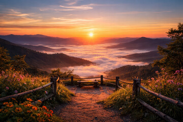 Obraz premium Scenic Mountain Sunrise View with Low Fog and Wooden Observation Deck