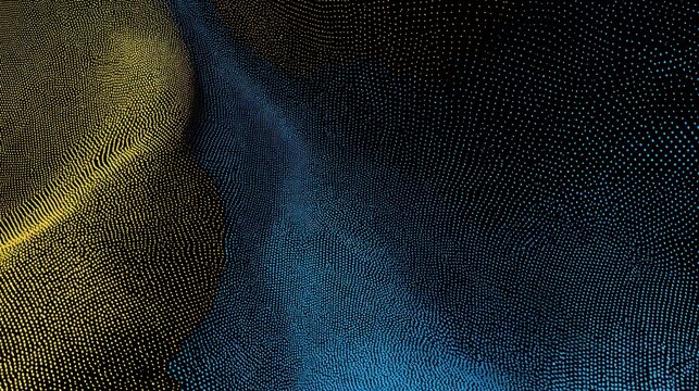 Abstract representation of dynamic digital terrain composed of illuminated particles in contrasting colors against a dark background