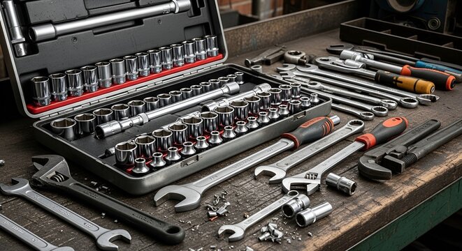 Professional Mechanic Tool Set and Wrenches on Workbench