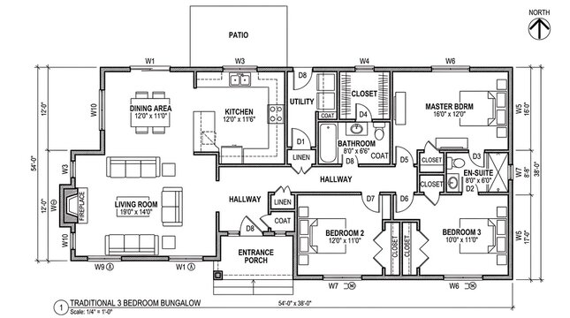 Traditional 3-Bedroom Bungalow Plan: Detailed architectural blueprint of a classic residential bungalow with three bedrooms, showcasing the layout of living spaces and outdoor patio.