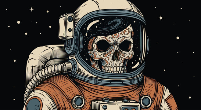 A striking vintage-style illustration of a decorative skull wearing a retro space suit, reflecting a galaxy in the visor against a starry black background.