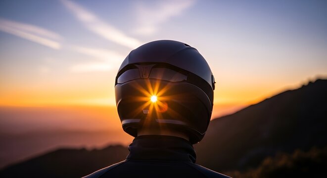 Motorcyclist wearing helmet, sunstar flares through visor at sunset over mountains