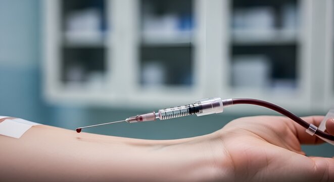 Blood sample collection with syringe from arm vein, medical procedure