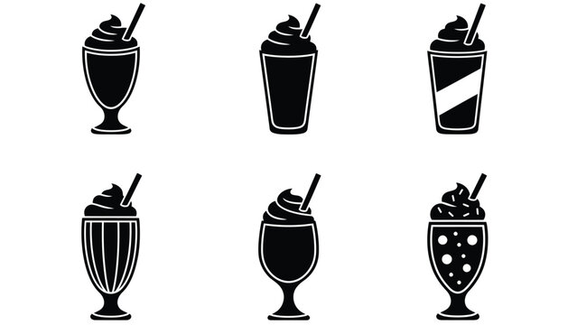 Graphic Silhouettes of Iced Drinks: Milkshakes, Frappes, and Cold Beverages with Whipped Cream Topping and Straws