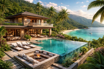Fototapeta premium Luxurious modern tropical villa resort with an infinity pool overlooking a beautiful beach.