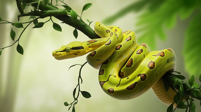 Vibrant green yellow tree python coiled around a leafy jungle branch