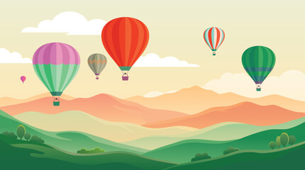 Fototapeta premium Hot air balloons over rolling hills, colorful vector illustration