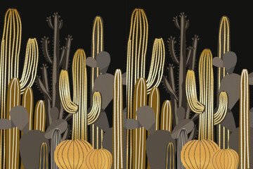 Elegant gold cactus seamless pattern on black background in modern luxury style © kontat