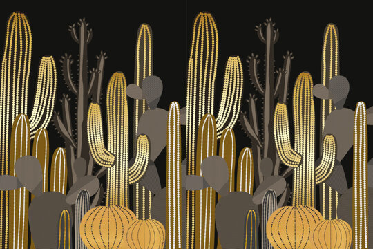 Elegant gold cactus seamless pattern on black background in modern luxury style