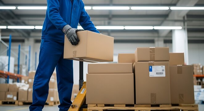 Warehouse worker in blue uniform handling cardboard boxes with pallet jack