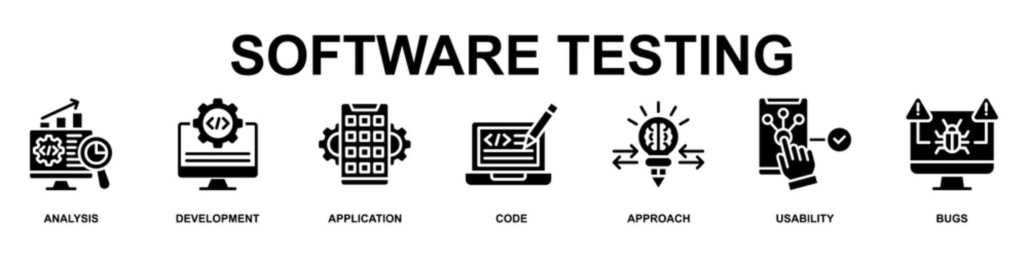 Software Testing Banner Web Icon Vector Illustration Concept for Technology with Icons of Analysis, Development, Application, Code, Approach, Usability and Bugs