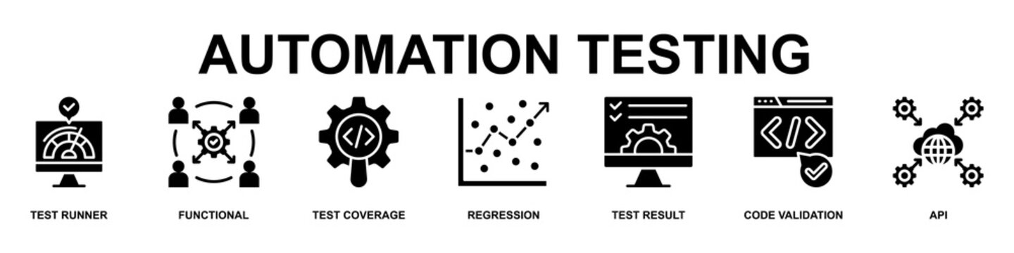 Automation Testing Banner Web Icon Vector Illustration Concept for Technology with Icons of Test Runner, Functional, Test coverage, Regression, Test Result, Code Validation and Api