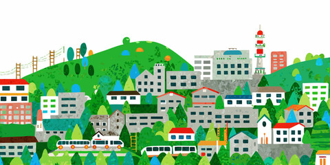 Fototapeta premium Colorful illustration of a hillside town with buildings trees and a lighthouse on white background