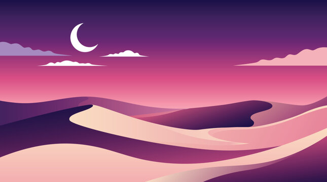 Desert landscape with crescent moon, vector illustration in pink and purple
