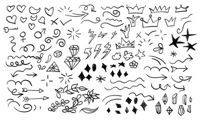 Set of handdrawn doodle elements, hearts, crowns, arrows, stars, sparkles, and floral decorative shapes isolated on white background © Hand Made Doodle