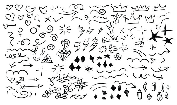 Set of handdrawn doodle elements, hearts, crowns, arrows, stars, sparkles, and floral decorative shapes isolated on white background