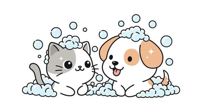 Cute cat and dog in bath.
