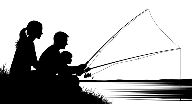 Family fishing together by water.