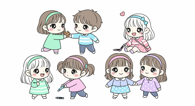 Group of cute cartoon children playing.