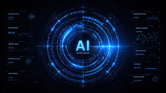 Ai network big data innovation digital interface futuristic technology dashboard hologram circle cyber security data analysis machine learning