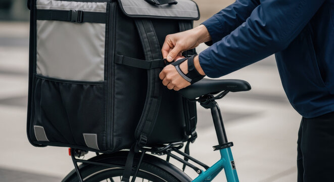 Delivery person adjusting backpack straps on a bicycle