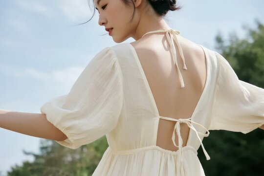 Woman wearing a cream-colored backless dress with tie details, standing outdoors in natural light