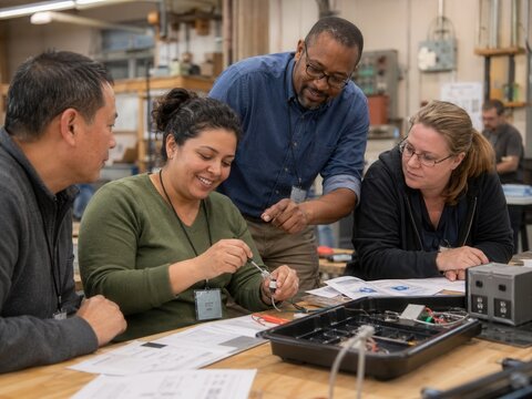  A diverse instructor guiding a small group through a hands-on task, highlighting confidence, encouragement, and shared learning.
