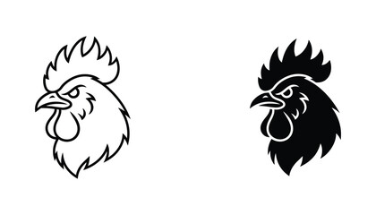 Aggressive rooster head mascot vector graphic featuring sharp stylized feathers in outline and solid black silhouette versions for sports team logos or farm animal branding © Vertex