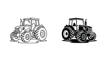 Heavy farm tractor silhouette icon for agricultural machinery and farming industry branding in black and white vector art style © Vertex
