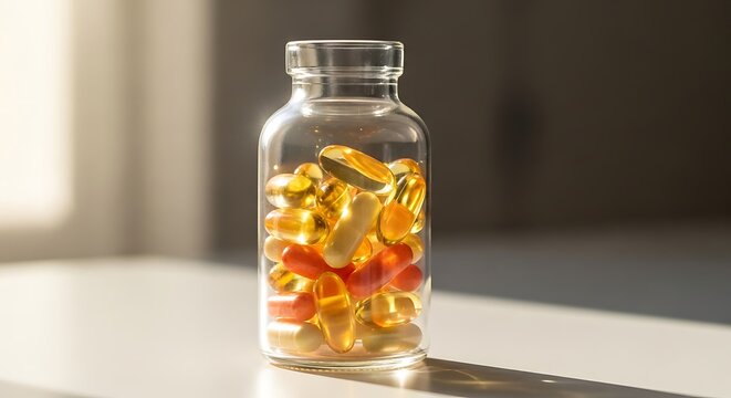 Clear glass bottle filled with colorful yellow and orange omega 3 vitamin supplement pills on table. vitamina d