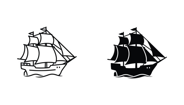 Vintage sailing ship icon with detailed sails in outline and solid black silhouette style for nautical and maritime design