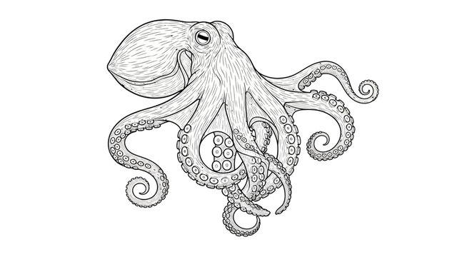 Detailed monochrome octopus sketch showcasing twisting tentacles undersea composition.