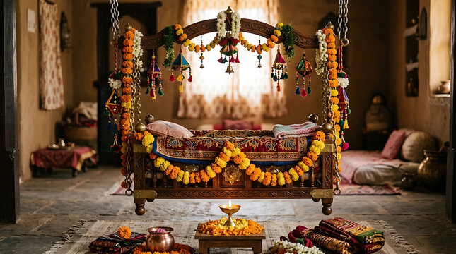 Traditional Indian Baby Cradle or Palna Decorated with Flowers Fabric Small Diya Set Up Before Baby Arrives, Warm Indoor Light, Authentic Anticipation Material Still Life India