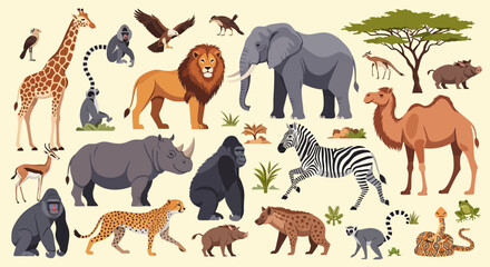 Obraz premium Diverse collage of wild and domestic animals including big cats, hooved mammals, birds, and marine species in a colorful illustration.
