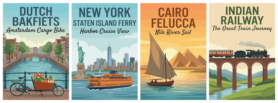 Vintage world travel poster set. Including dutch bakfiets bike, new york staten island ferry, cairo felucca, and indian railway. Retro vector illustration.