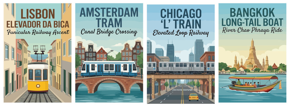 Vintage world travel poster set. Including lisbon elevador bica, amsterdam tram, chicago l train, and bangkok long tail boat. Retro vector illustration.