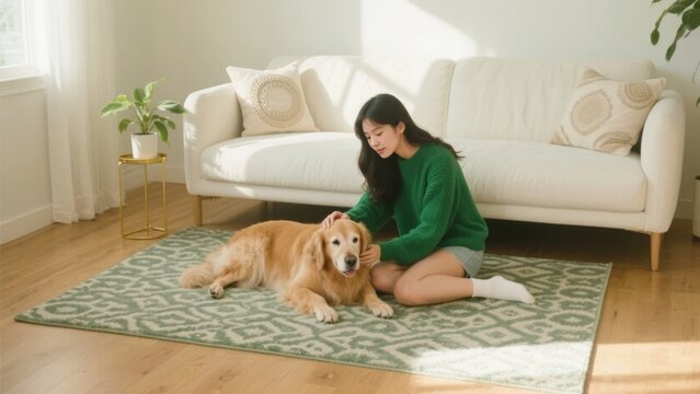A woman in a green sweater sits on a patterned rug, petting a golden retriever in a bright, cozy living room with a white sofa and natural light.