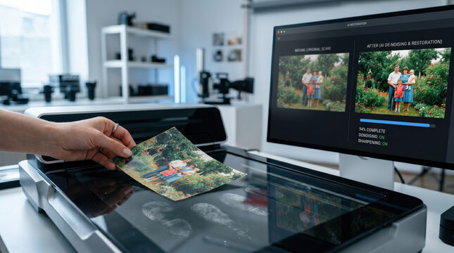 Hand placing old family photo onto scanner for AI restoration, showing before and after on computer screen