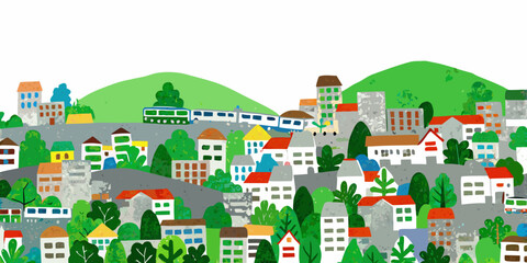 Fototapeta premium colorful hillside town illustration with houses trees and a train on a white background