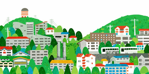 Fototapeta premium watercolor hillside town illustration with colorful buildings and lush green trees high quality professional detailed