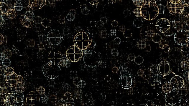 Drifting Crosshair Targets and Vintage Reticle Symbols on a Dark Black Backdrop with Glowing Amber and Teal Tones, Created in Adobe After Effects.