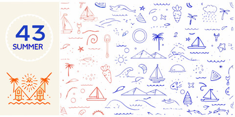 Hand drawn summer themed doodles with sailboats palm trees and ocean elements sketch style © Mritun