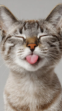 Siamese Cat Sticking Its Tongue Out Cutely With Happy Closed Eyes on Plain Gray White Background